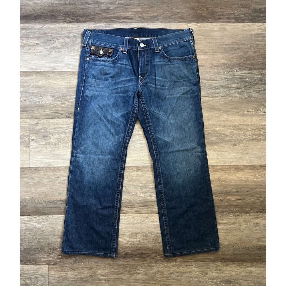 True Religion Ricky Straight Jeans Mens 38x31 Dark Wash Leather Flap USA Made Y2